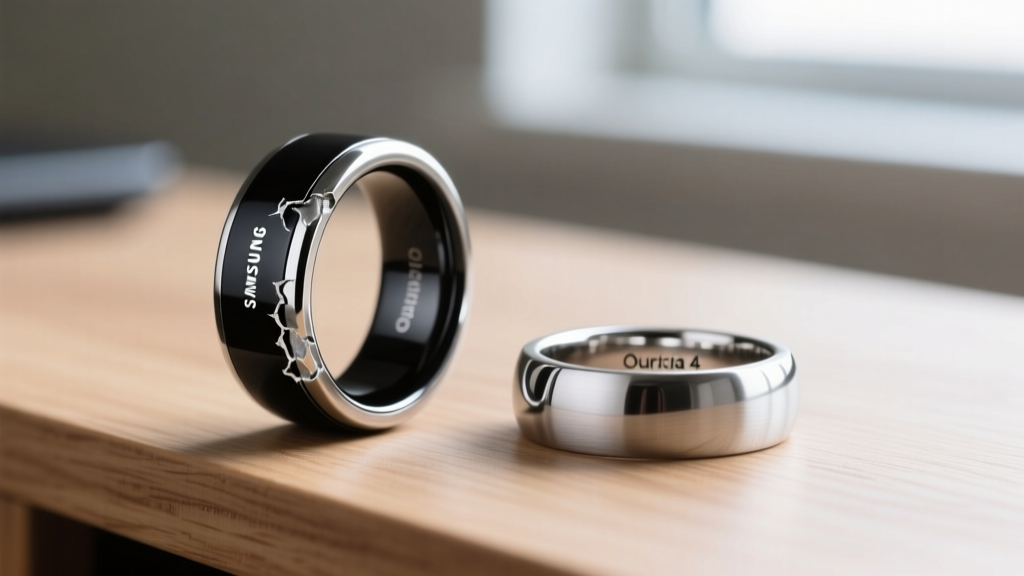 Side-by-side macro photography of Samsung Galaxy Ring black PVD coating peeling versus pristine silver titanium Oura Ring 4 on a wooden desk