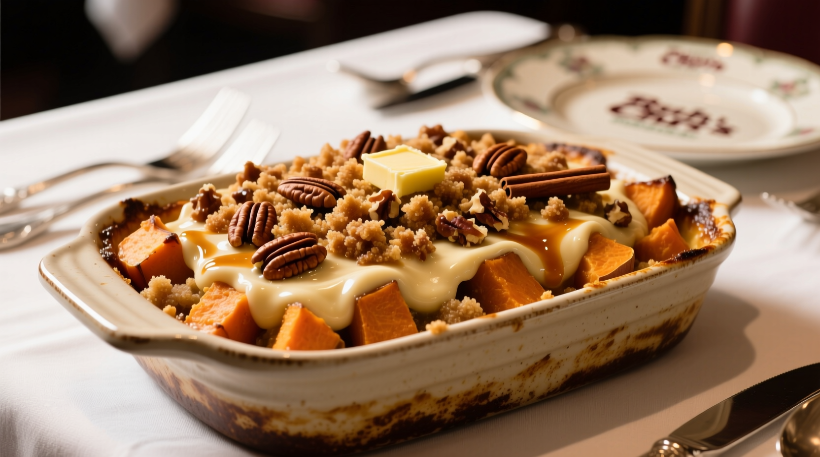 Ruth's Chris style sweet potato casserole with pecan topping