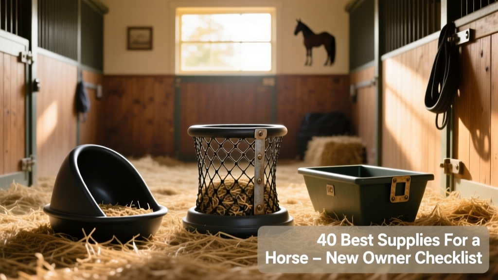 Rubber feeder, slow hay net, and corner feeder arranged neatly in a clean stall