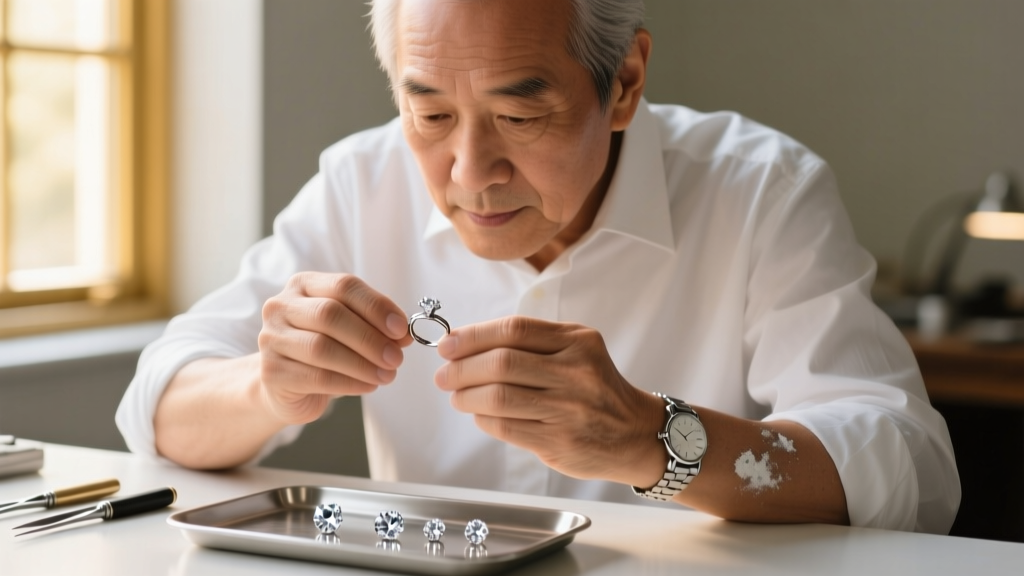 Close-up of a jeweler's loupe inspecting the prong setting of a lab-grown sapphire earring to ensure no adhesives are used