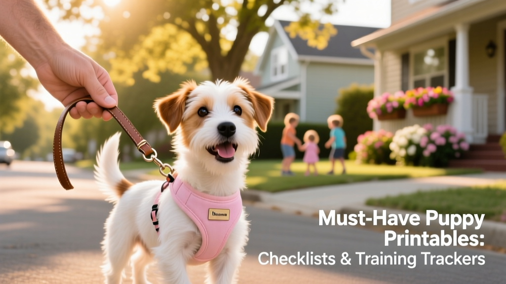 A gentle hand holding a leash attached to a small, happy puppy wearing a soft harness during a sunny neighborhood walk