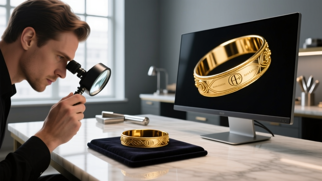 Jeweler inspecting a faded gold bracelet hallmark with a digital loupe, while a monitor displays the magnified stamp