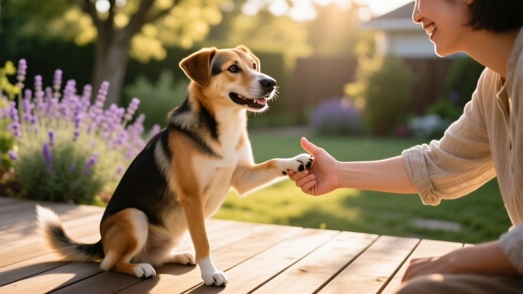 Happy dog sitting calmly, offering one paw into a human’s open palm during a friendly handshake