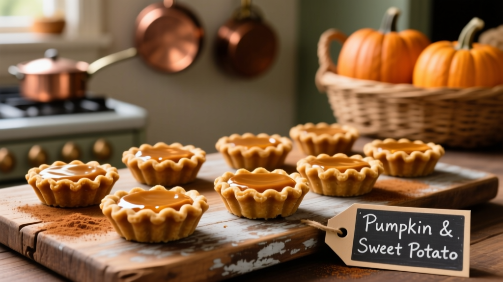 A close-up of golden-brown mini pumpkin pie treats arranged on a rustic wooden board