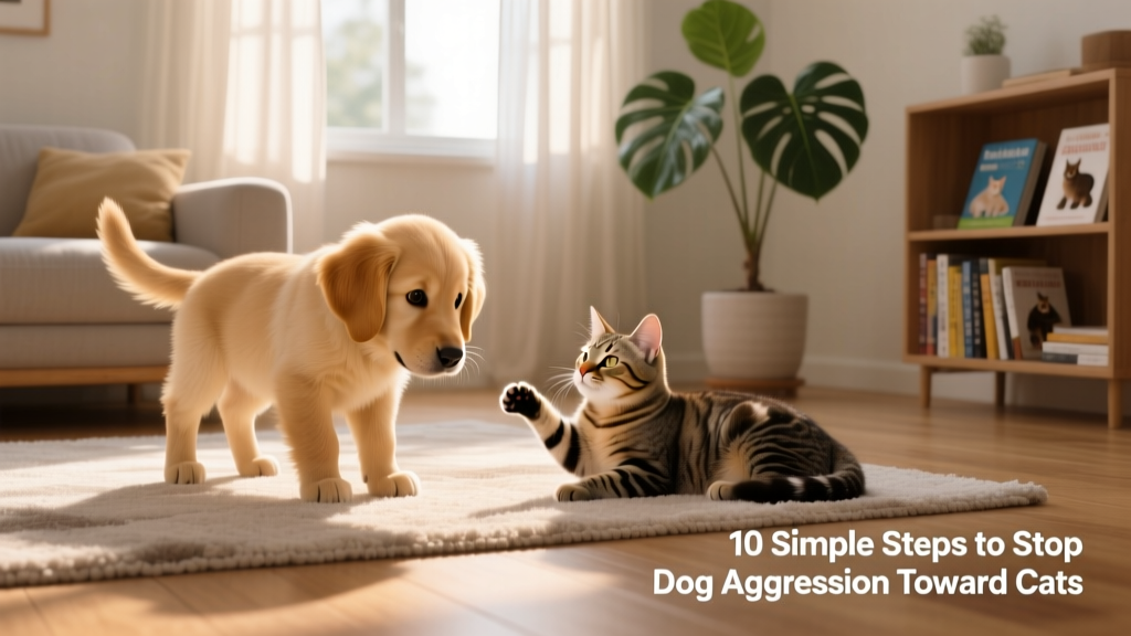A calm, supervised introduction between a curious puppy and a relaxed kitten in a living room setting