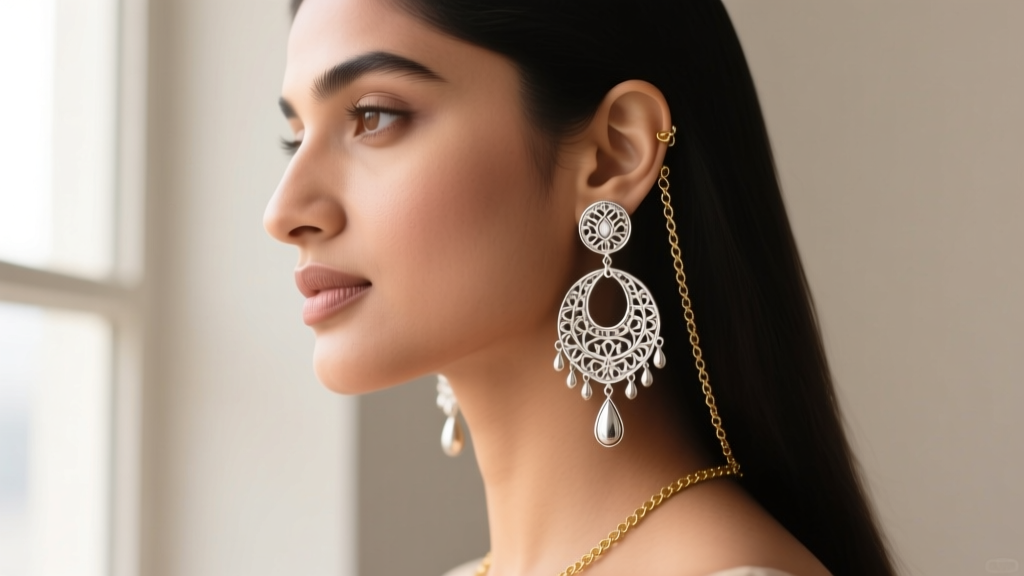 Side profile of a model wearing heavy silver jhumkas earrings supported by a delicate gold sahara chain, showing secure fit.