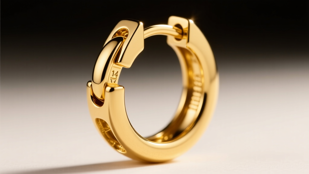 Close-up of a 14-gauge solid gold hoop earring hinge mechanism, revealing the interlocking clasp under bright studio lighting.