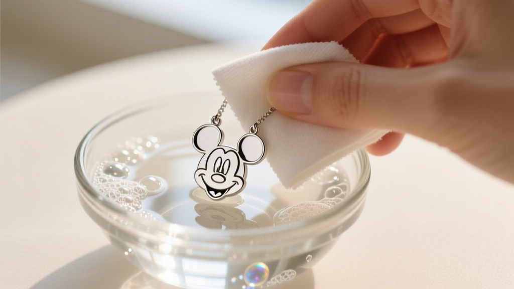 Hands wiping a silver Mickey Mouse silhouette pin necklace with a damp microfiber cloth over a small glass bowl of soapy water.