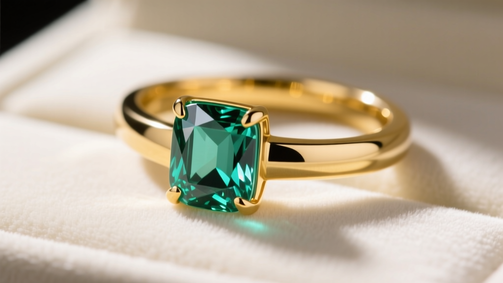 Close-up of a demi-fine cocktail ring featuring a bezel-set emerald-cut lab-grown sapphire in a matte 14k yellow gold setting