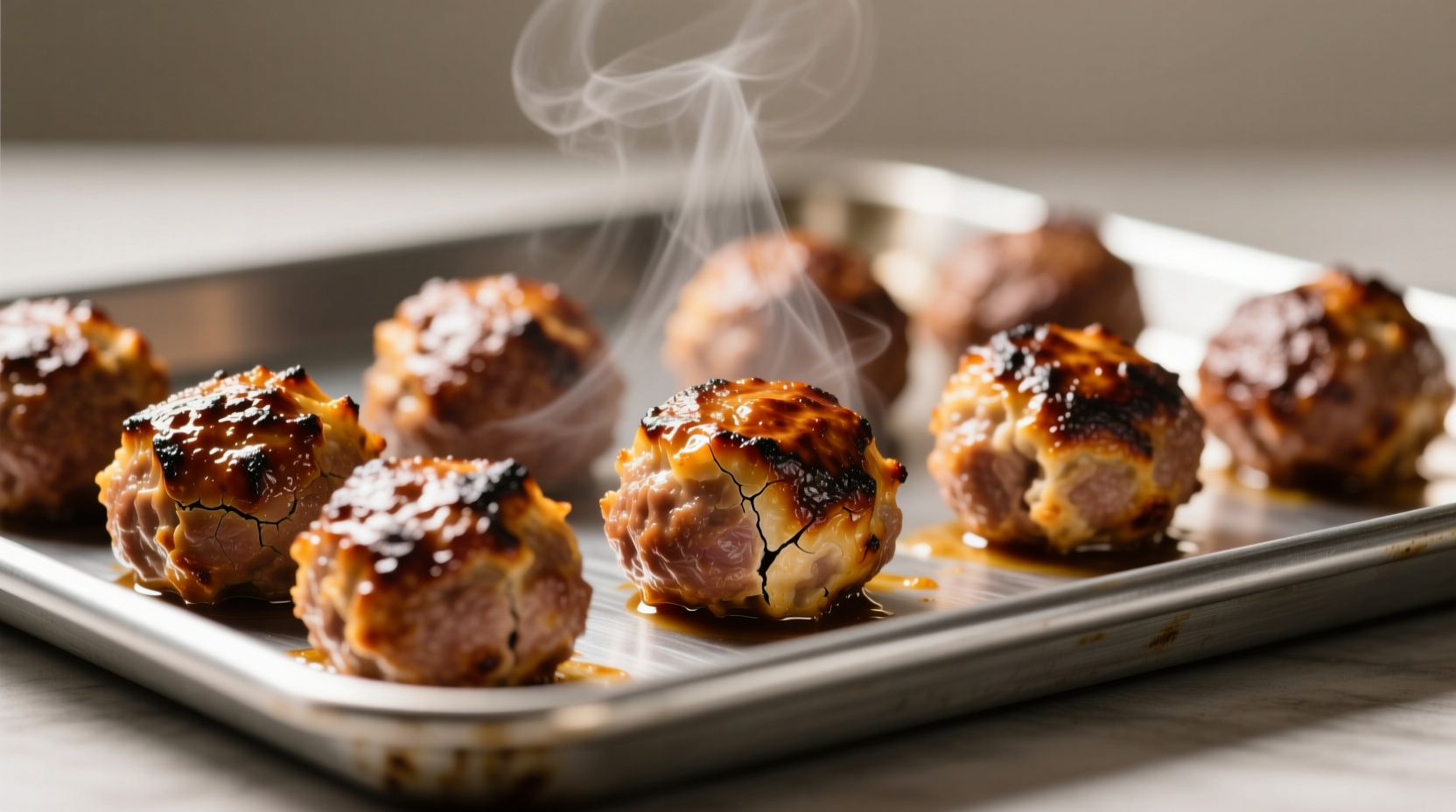 Perfectly browned meatballs on baking sheet