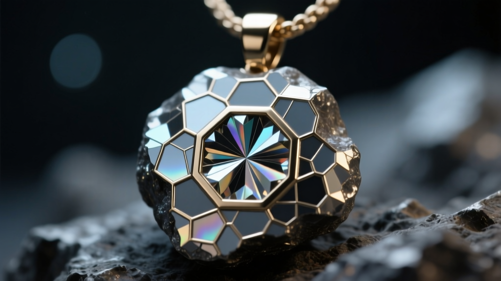 Macro shot of a real Widmanstätten pattern on a meteorite pendant inlay showing geometric crystal structures under bright light.