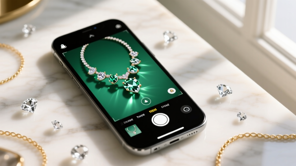 Overhead shot of a phone screen displaying the Snapchat lens carousel with virtual diamond necklace try-on filters in soft lighting.