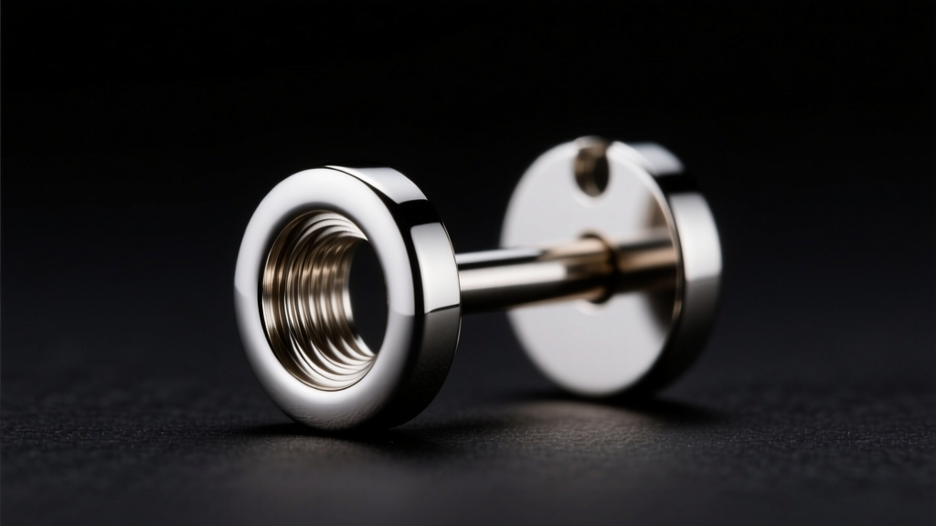Macro shot of an 18-gauge titanium earring post showing precise internal threading and smooth finish against a dark backdrop.