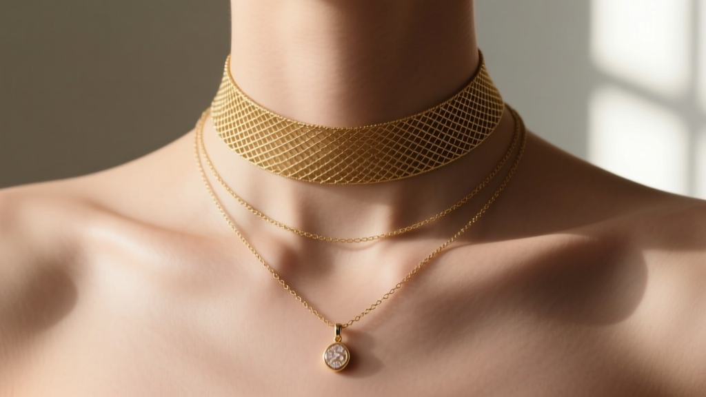 Collarbone wearing a layered 16-inch gold glomesh choker and an 18-inch pendant chain, photographed in soft natural window light.