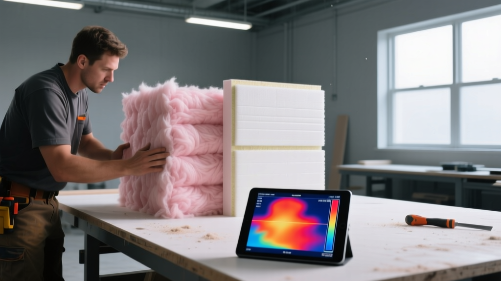 Contractor comparing pink fiberglass batts and rigid foam boards on a workbench with a thermal camera tablet showing heat maps