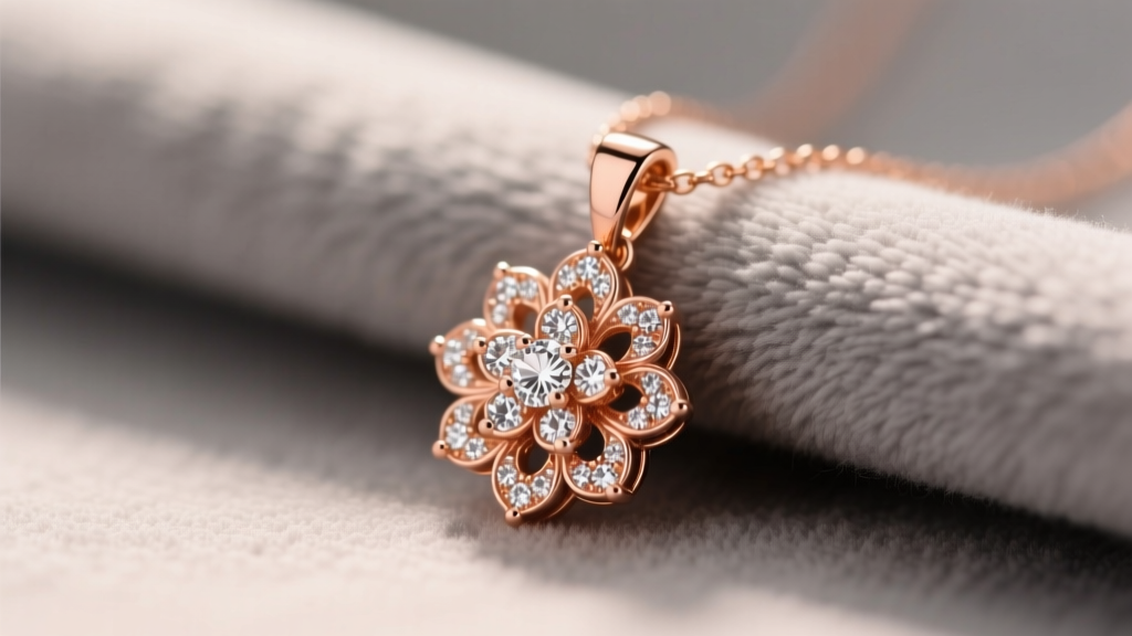 Close-up of a 14k rose gold floral diamond pendant necklace resting on a soft gray microfiber cloth under warm studio lighting.