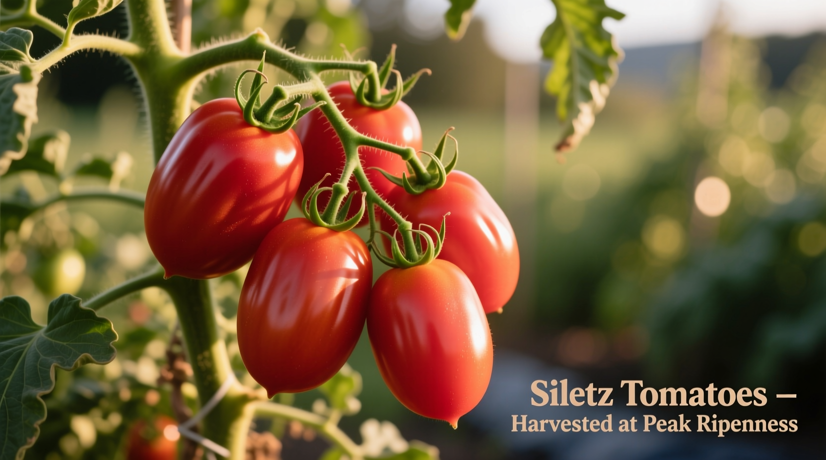 Ripe Siletz tomatoes on vine with characteristic deep red color