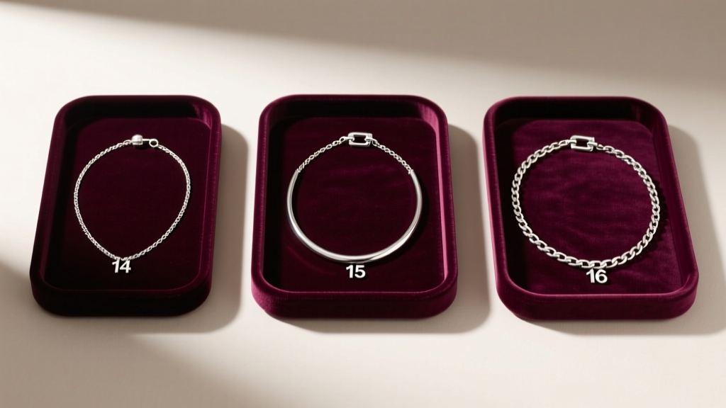 Flat lay of three velvet trays showing 14, 15, and 16-inch sterling silver chokers with price tags in soft natural light