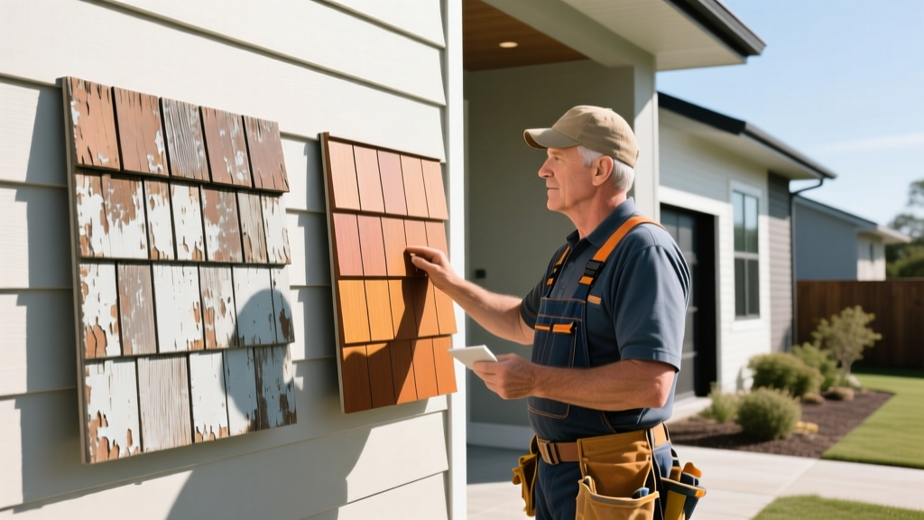 Contractor inspecting legacy fiber cement siding next to modern polymer shake siding samples on a residential exterior in bright daylight