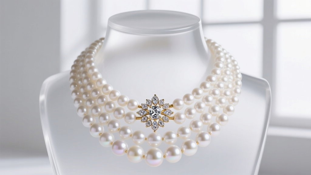Five-strand graduated white freshwater pearl choker with a diamond-studded 14k white gold clasp, displayed on an acrylic bust