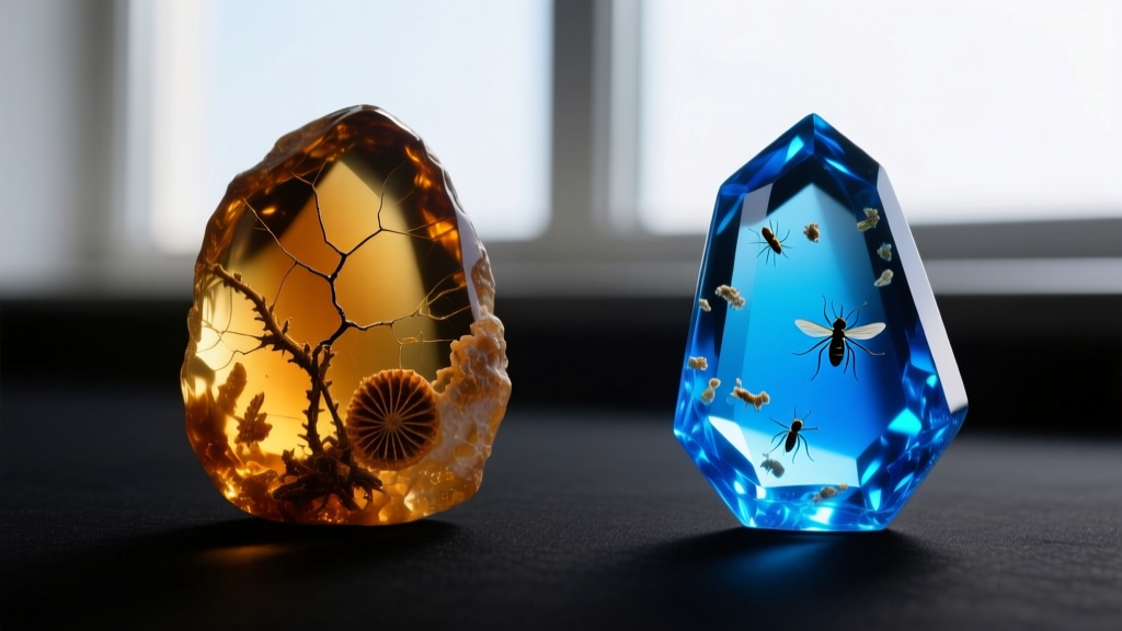 Side-by-side macro comparison of raw Baltic succinite and polished Dominican blue amber cabochons showing internal inclusions.