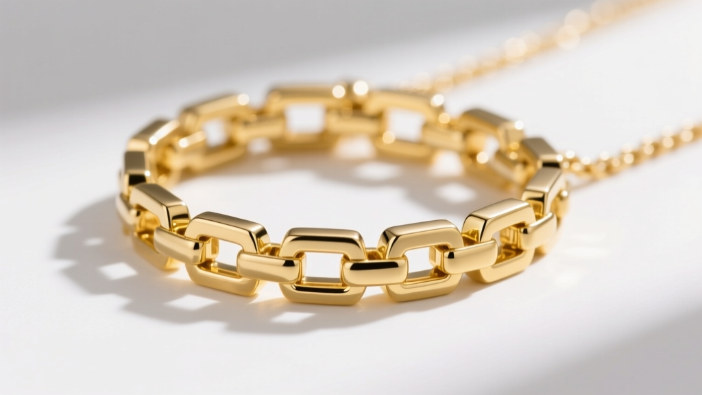 Macro shot of a polished 14k yellow gold square necklace chain, highlighting precise 90-degree angles of interlocking box links.