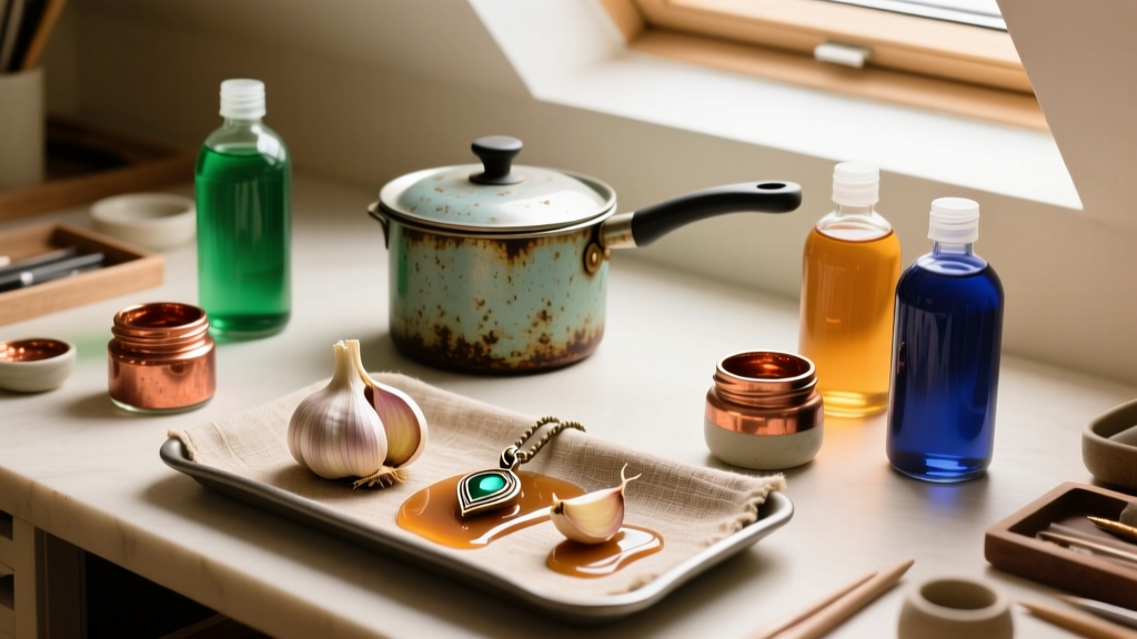 Workbench overhead view displaying a pressure pot, resin bottles, and copper paint used to craft organic garlic clove pendants.