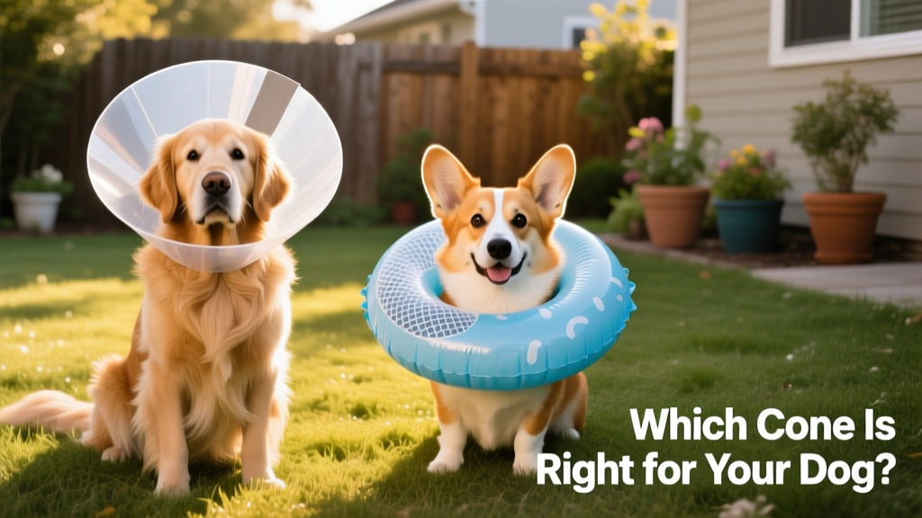 Side-by-side comparison of a traditional plastic cone and an inflatable donut-style cone on two different dogs