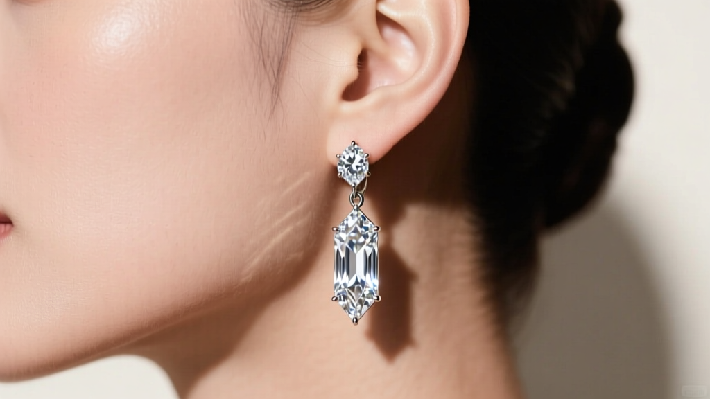 Close-up of 1.5 carat diamond linear drop earrings in 14k white gold on a model, studio lighting highlighting the brilliant facets.