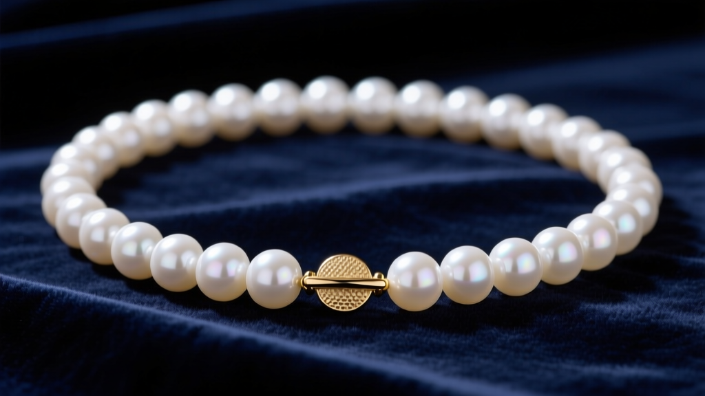Close-up of a classic 18-inch strand of round white Akoya pearls with a 14k gold clasp resting on dark navy velvet fabric