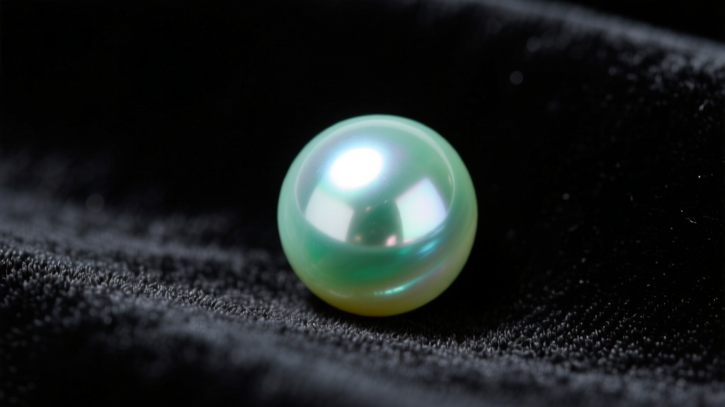 Macro close-up of a 10mm natural mint green Edison pearl showing metallic luster and subtle overtones on dark velvet