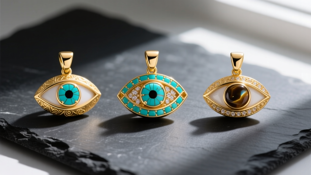 Flat lay of three gold eye pendants on dark slate showing 14k and 18k gold color variations with turquoise and onyx inlays
