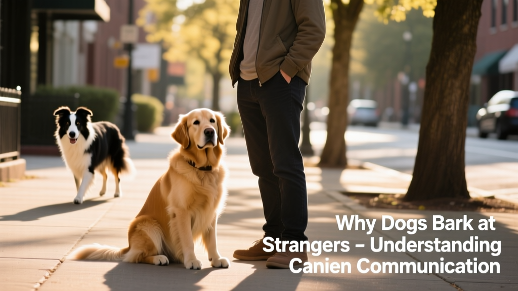 A relaxed dog sitting calmly beside their owner while another dog passes at a safe distance on the sidewalk