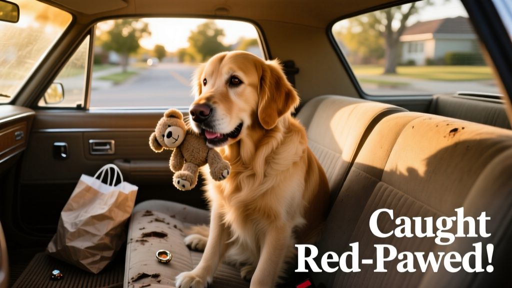 Golden Retriever sitting in a car with a plush toy in his mouth, looking sideways with wide, guilty eyes
