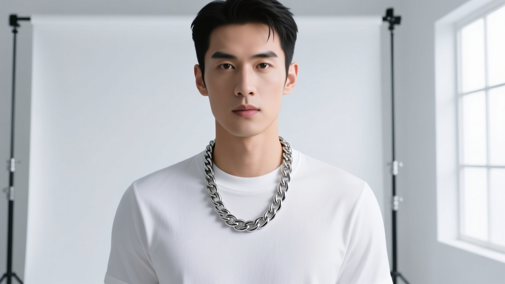 A male model wearing a classic 20-inch stainless steel curb chain necklace over a plain white crewneck t-shirt, studio lighting
