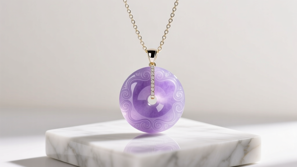 Lavender jadeite bi-disc pendant on an 18-inch white gold chain, displayed on a marble stand in bright natural daylight