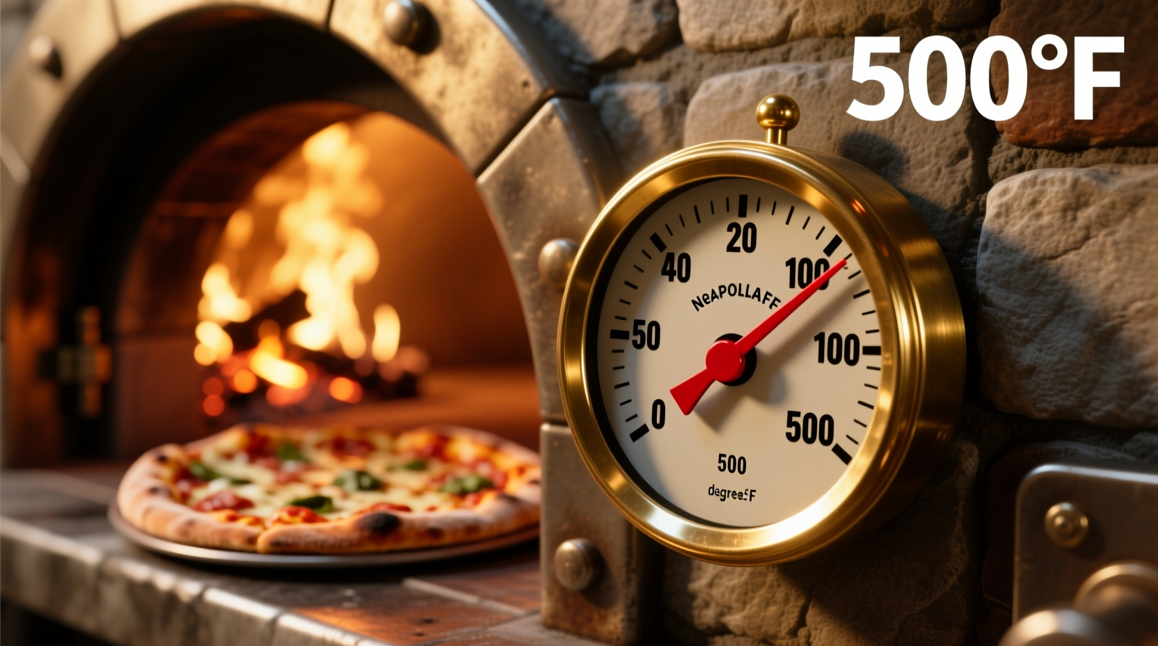 Professional pizza oven temperature gauge showing 500 degrees
