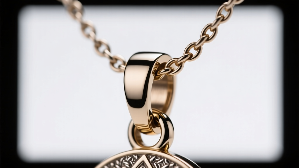 Detailed view of a 4mm bail connecting a heavy themed pendant to a 2mm rope chain, highlighting the secure laser-welded joint.