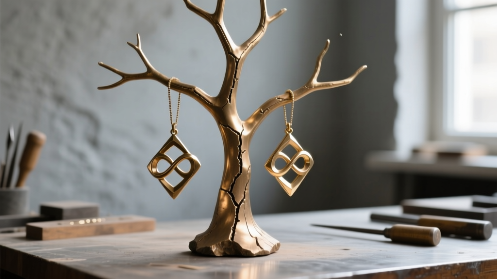 Jeweler bench showing a raw brass casting tree with double infinity pendants before final polishing and assembly.