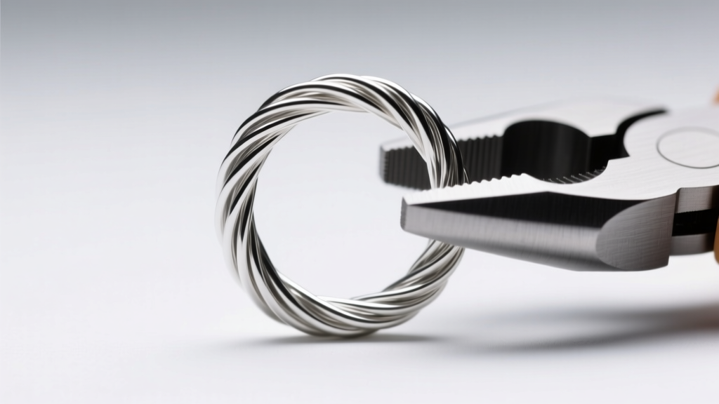 Macro photo of half-hard 22-gauge Argentium silver wire loop formed with nylon-jaw pliers under bright studio lighting.