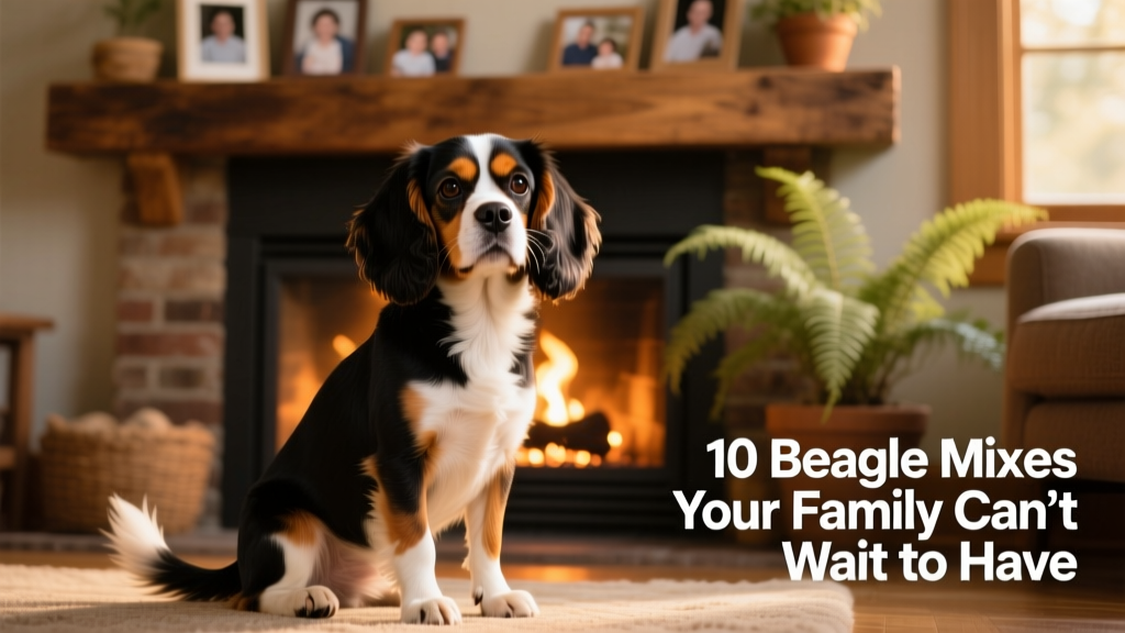 beagle cavalier king charles spaniel mix with beagle markings sitting in front of a fireplace