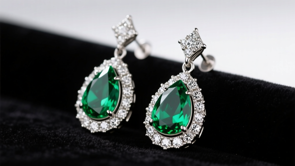 Macro photography of vintage platinum chandelier earrings featuring pear-cut emeralds and pavé diamonds resting on black velvet