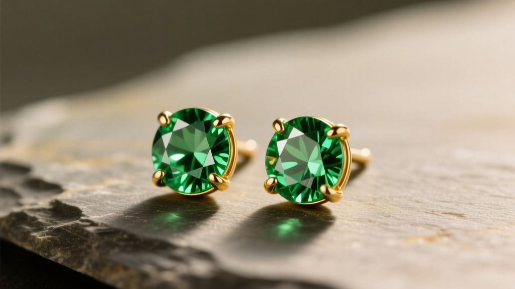Close-up of natural olivine peridot studs in 14k gold bezels on slate, soft lighting highlighting the vivid green gemstone hues