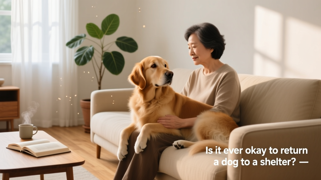 A calm, gentle dog making eye contact with a person in a sunlit living room