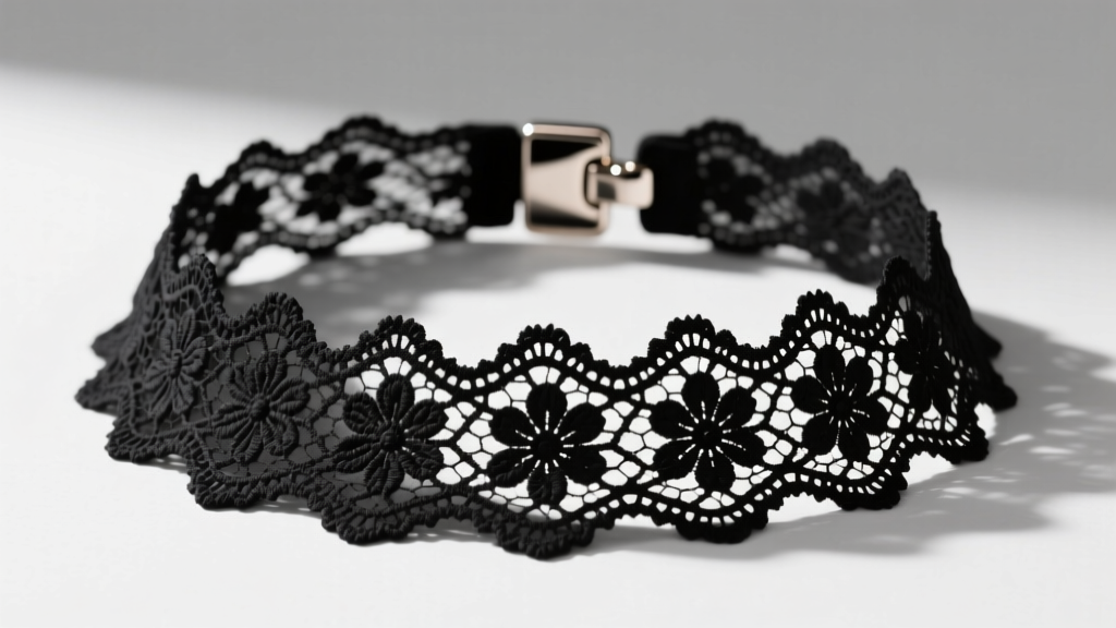 Detailed view of a black Guipure lace choker necklace showing heavy floral cotton patterns, scalloped edges, and a metal clasp.