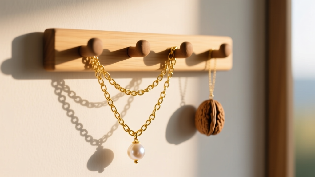 Walnut DIY necklace hanger on a wall displaying untangled gold chains and pearl pendants in soft warm morning light