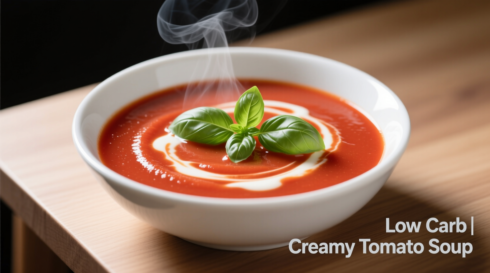 Creamy low carb tomato soup in white bowl with basil garnish