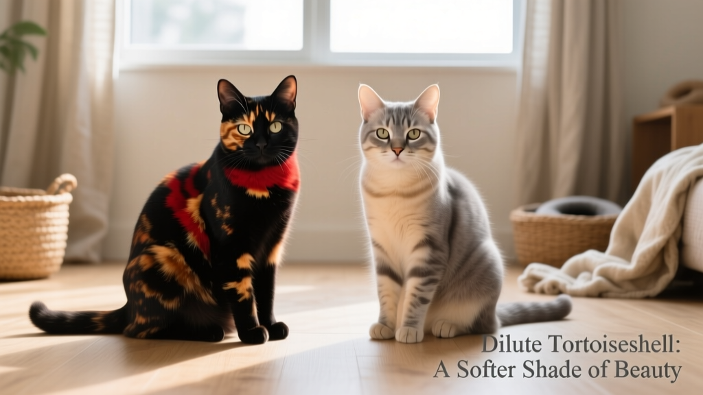 Side-by-side comparison showing a classic tortoiseshell cat next to a dilute tortoiseshell, highlighting the muted gray-and-cream palette