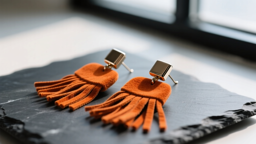 Burnt orange fringe suede earrings with metal caps resting on dark slate, featuring soft directional lighting and sharp macro focus.