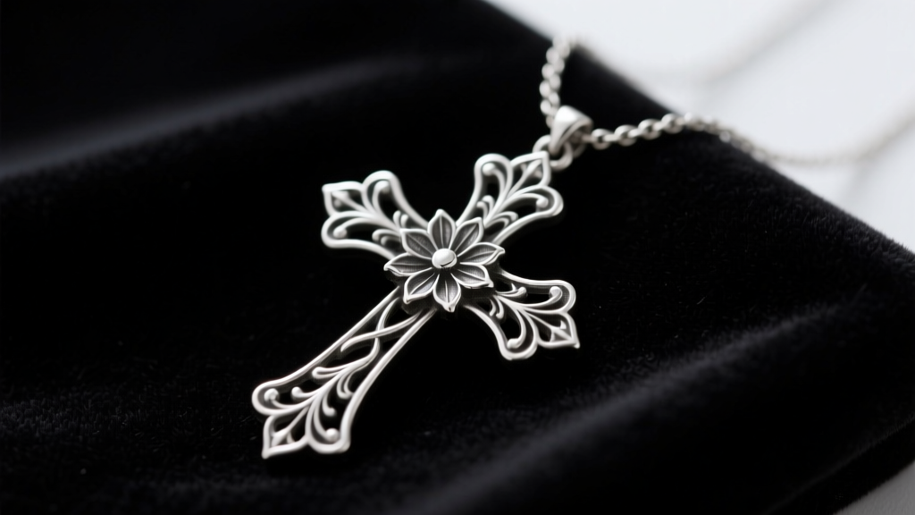 Close-up of an oxidized sterling silver black gothic cross necklace on dark velvet, highlighting intricate floral filigree details.